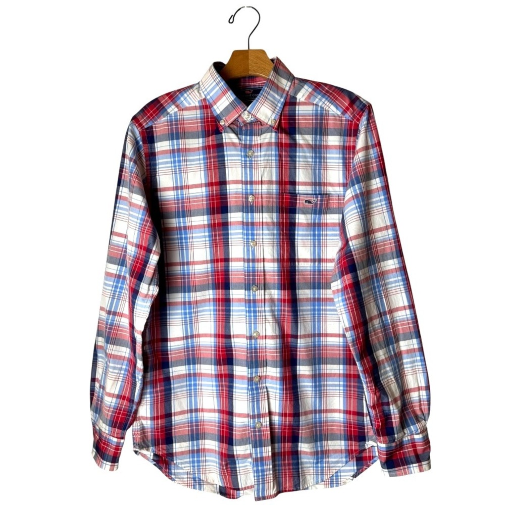 Vineyard Vines Shirt Men Small Red Blue Plaid Slim Fit Tucker Button Down Preppy